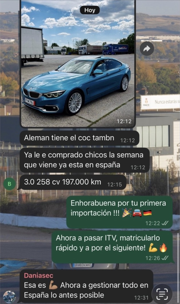 Conversación con Boris en la que comunica la compra de su primer BMW y los siguientes pasos de la importación